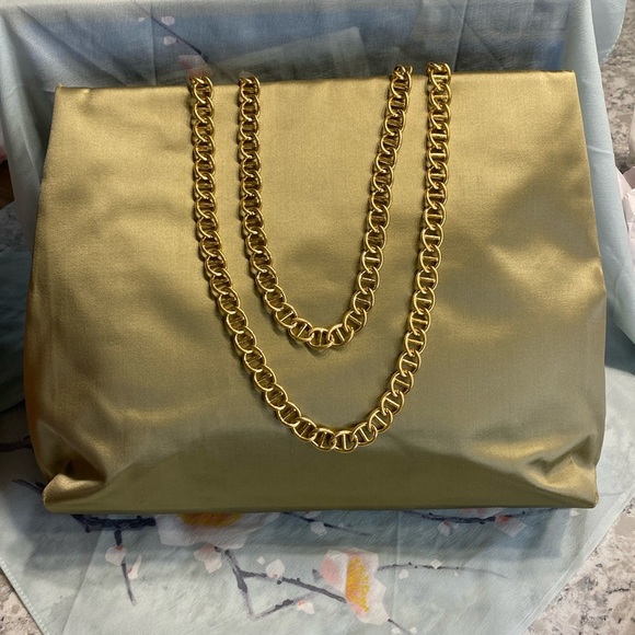 Prada Vintage Raso Catena Shoulder Bag Tote Green Satin with Gold Chain - Picture 1 of 11